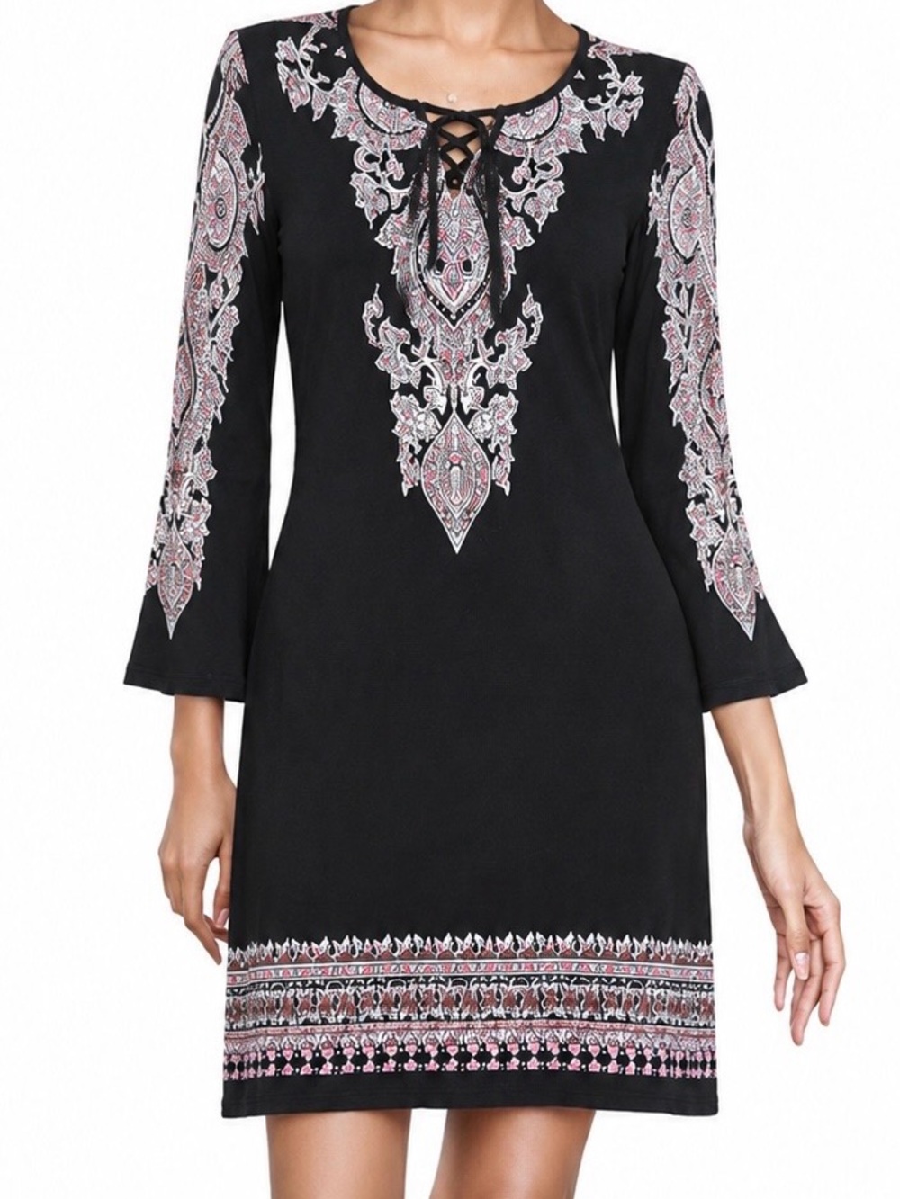 Black Paisley Lace-Up Long Sleeve Tunic Dress
